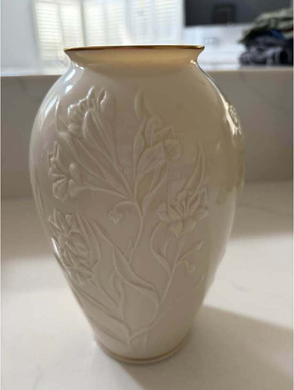 Lenox White Embossed Floral Vase Gold Trim
